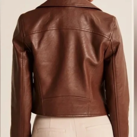 NWOT Abercrombie & Fitch Brown Vegan Leather Moto Full Zip Jacket w. Pockets - M - Picture 2 of 10
